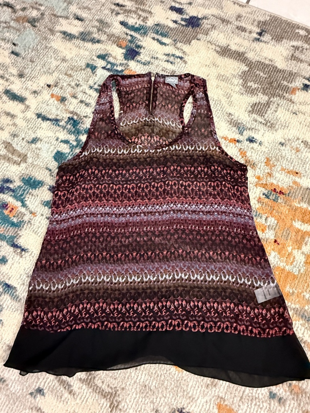Vtg Vanity sheer geometric abstract print chiffon black block hem tank top large
